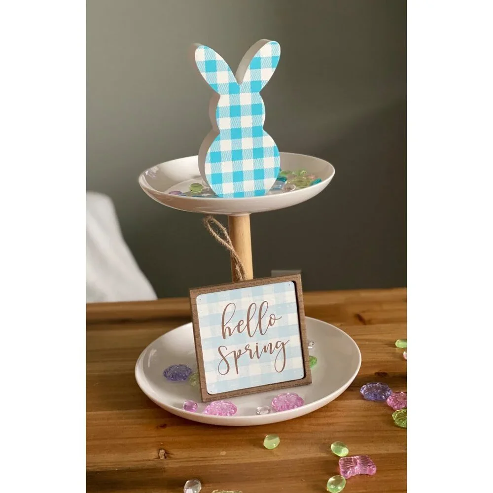 Small HELLO SPRING wood sign AND Easter Bunny Buffalo plaid spring tiered tray